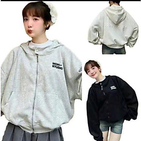 Mon Studio – Áo khoác hoodie zip BOXY có nút bấm, dập nổi, in nổi ,có túi trong UNISEX NAM NỮ2025 2026.....