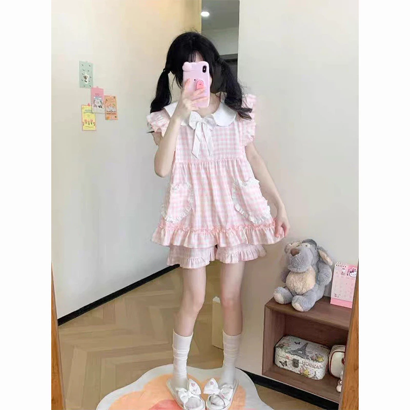 Bộ Đồ Ngủ Nữ Kiểu Nhật Màu Hồng Kẻ Caro Phong Cách Công Chúa Mùa Hè Tay Ngắn Quần Ngắn Tay Áo Xòe Nhẹ Đồ Mặc Nhà Mát Mẻ