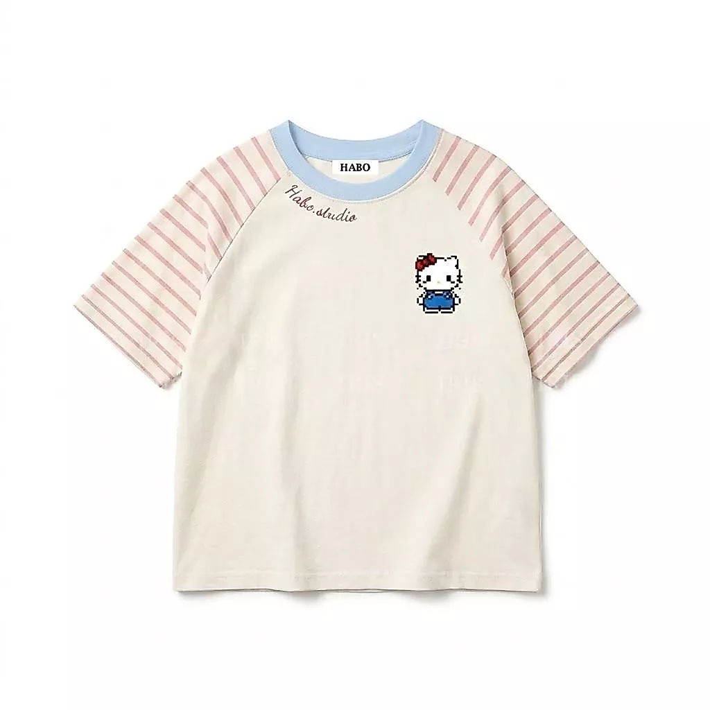 Áo Thun Raglan Hello Kitty Form Rộng Boxy, Áo Phối Kẻ Borip Sọc Ngang Ulzzang Nam Nữ Hot Trend