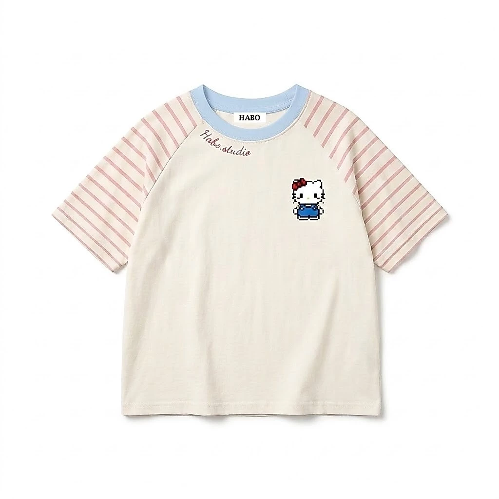 Áo thun Boxy form rộng Unisex,áo phông raglang ngắn tay phối màu tay áo chất thun cotton thoáng mát họa tiết kitty