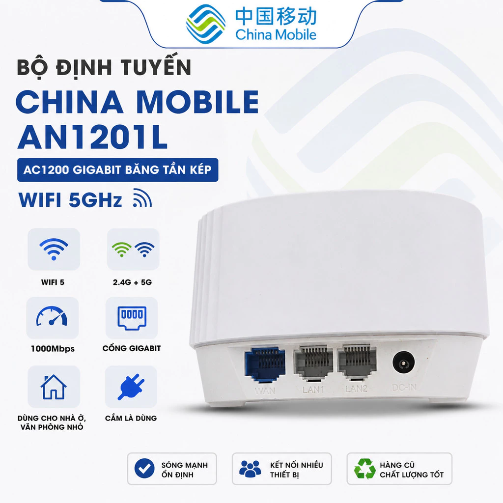 Bộ định tuyến  WIFI 5Ghz  China Mobile AN1201L AC1200 Gigabit băng tần kép  , nhỏ gọn  , hàng cũ