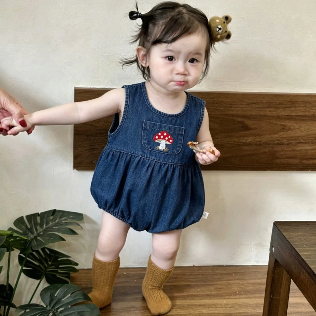 Áo liền quần Denim không tay thêu nấm dễ thương mùa hè 0-24 tháng tuổi