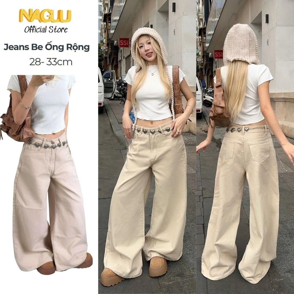 [MỞ BÁN]Quần Jean Màu Be Ống Rộng 30-33cm NAGUU Chất Jean Mềm, Quần Suông Nữ Cạp Cao Basic Dễ Phối