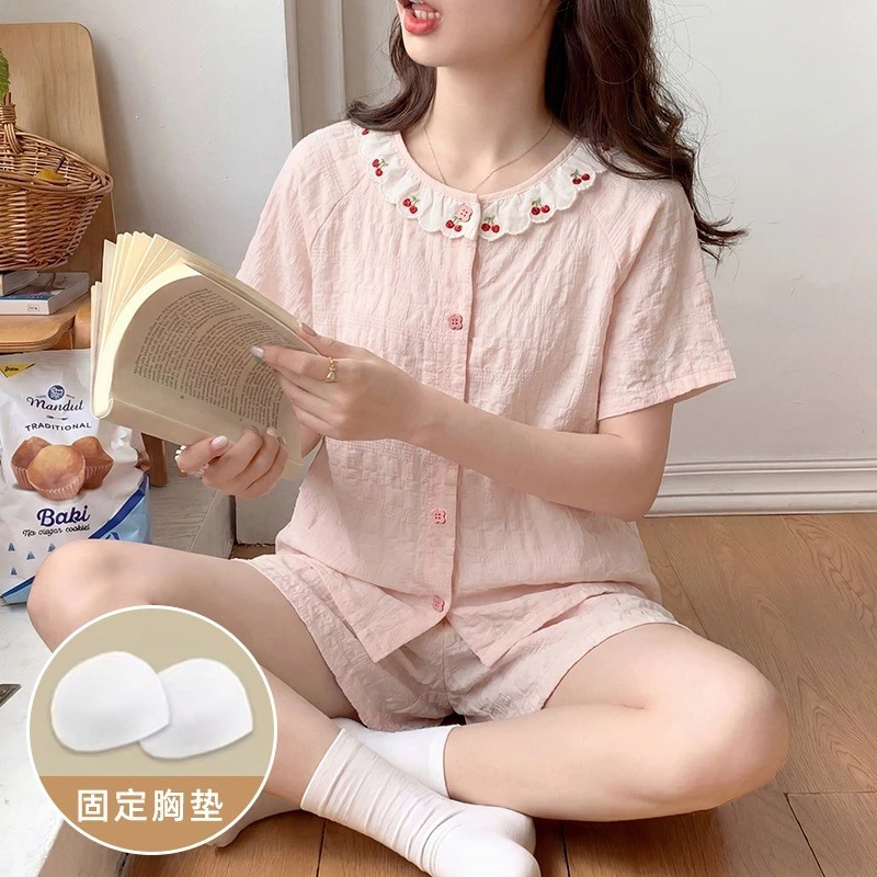 Bộ Đồ Ngủ Nữ Cotton Jacquard Mùa Hè Có Đệm Ngực Tay Ngắn Kiểu Công Chúa Khoét Lỗ Ngọt Ngào Mặc Nhà