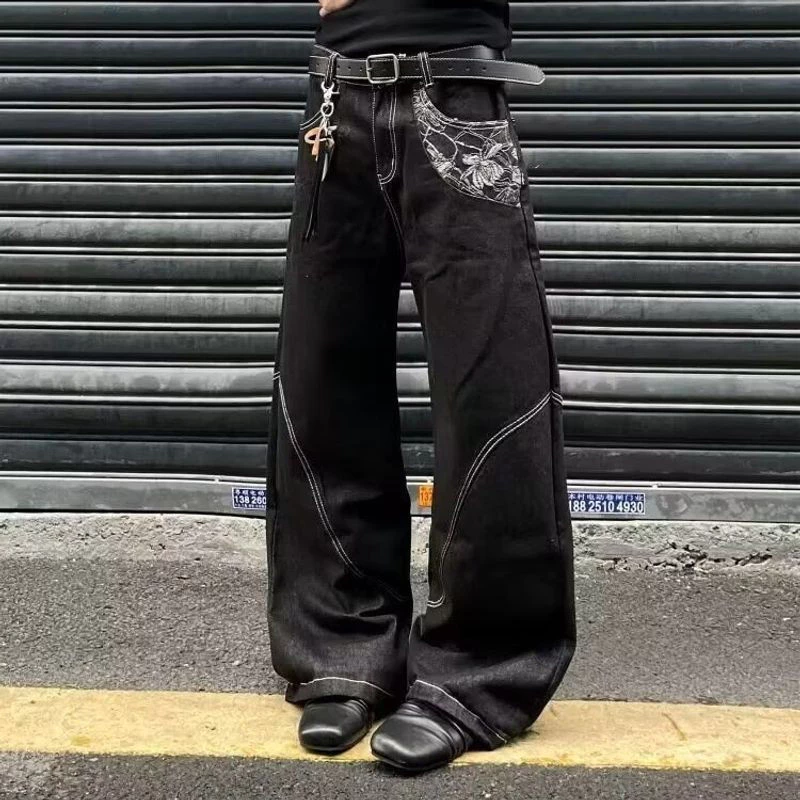 Quần Denim Giặt Nam Cao Cấp Phong Cách Đường Phố Rộng Vibe Quần Có Chi Tiết Thêu