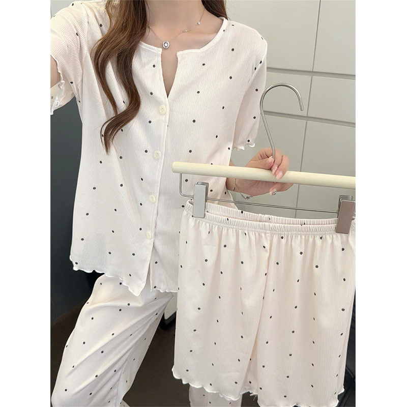 Bộ Đồ Ngủ Nữ 3 Món Mùa Hè Chất Liệu Gân Tay Ngắn Cổ Tròn Phong Cách Dễ Thương Mặc Nhà