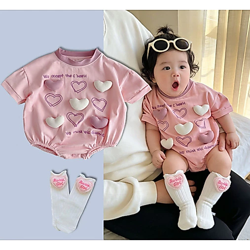 Cô gái trẻ sơ sinh Bộ phận mùa hè tay ngắn Bông Siêu dễ thương mô hình tim onesie0-24M