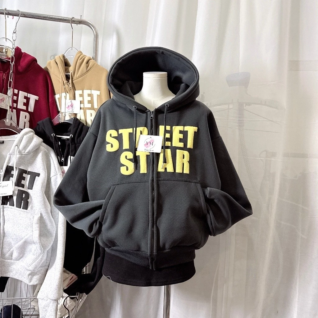 Áo Hoodie Nỉ Nữ Form Rộng In Nổi STREET STAR Có Nón – Áo Khoác Zip Dày Dặn, Phong Cách Trẻ Trung Cá Tính SVC FASHION