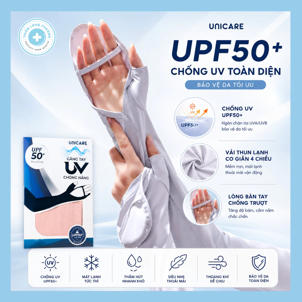 Găng Tay Chống Nắng Unicare UPF50+, co giãn thoáng mát, chất liệu vải lụa cao cấp unisex