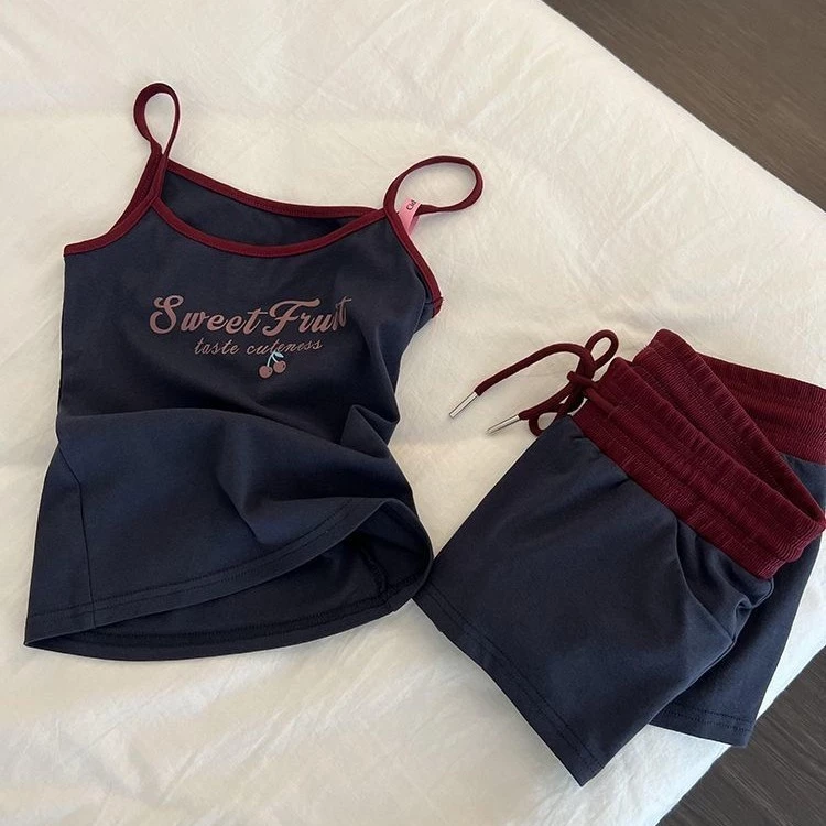 Đồ Ngủ Nữ Set Áo Hai Dây Cherry không Có Đệm Ngực Quần Short Ôm Dáng Thời Trang Mùa Hè Mặc Nhà