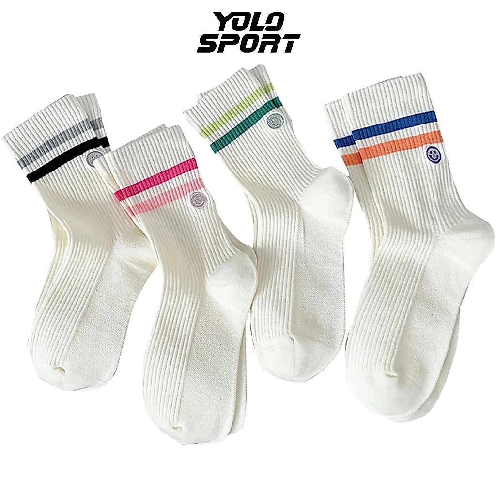 Vớ Cổ Cao Mặt Cười Phối 2 Sọc Màu Cá Tính Co Giãn Êm Chân Unisex Phong Cách Hàn Quốc Đi Học Đi Chơi Cực Xinh Hot Trend