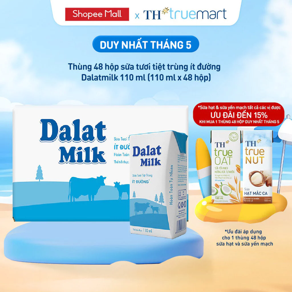 [LIVE STREAM] Thùng 48 hộp sữa tươi tiệt trùng Dalatmilk ít đường 110 ml (110 ml x 48)