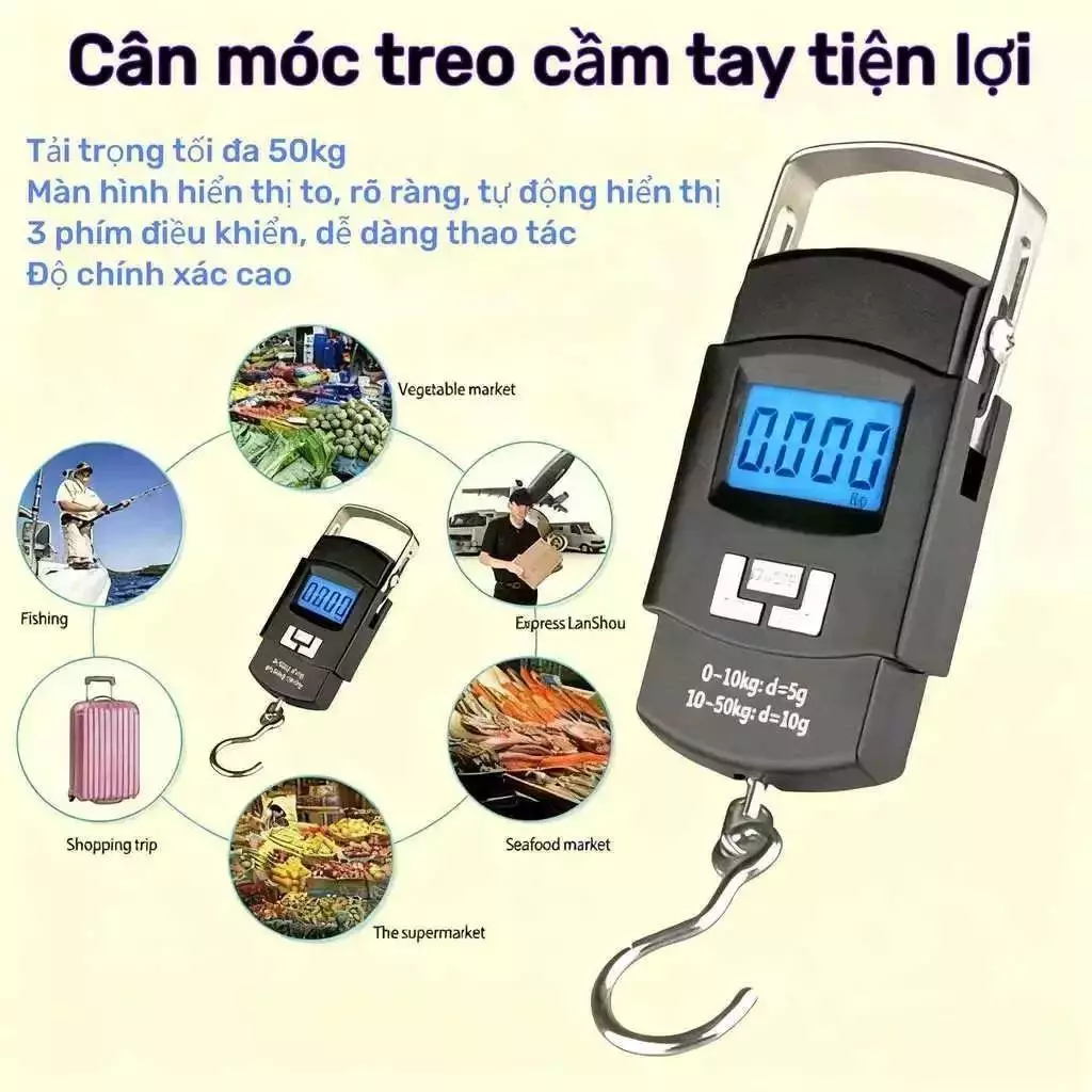 Chính Hãng | Cân Điện Tử Cầm Tay 50kg, Màn Hình Đèn Nền, Móc Inox, Chính Xác, Giao Hàng Nhanh Toàn Quốc