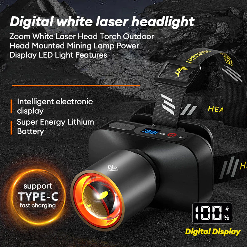 Zoom Laser trắng Đèn đội đầu Ngoài trời Đèn khai thác mỏ Hiển thị công suất Đèn LED Gắn trên đầu