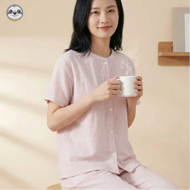 Phong cách Nhật Bản Phong cách Muji / Phong cách cặp đôi Sợi hai lớp Bộ đồ ngủ cổ tròn Cotton nguyên chất / Nam Nữ mỏng Tay ngắn dài màu trơn Đồ mặc nhà / Mùa hè có thể mặc bên ngoài tay ngắn