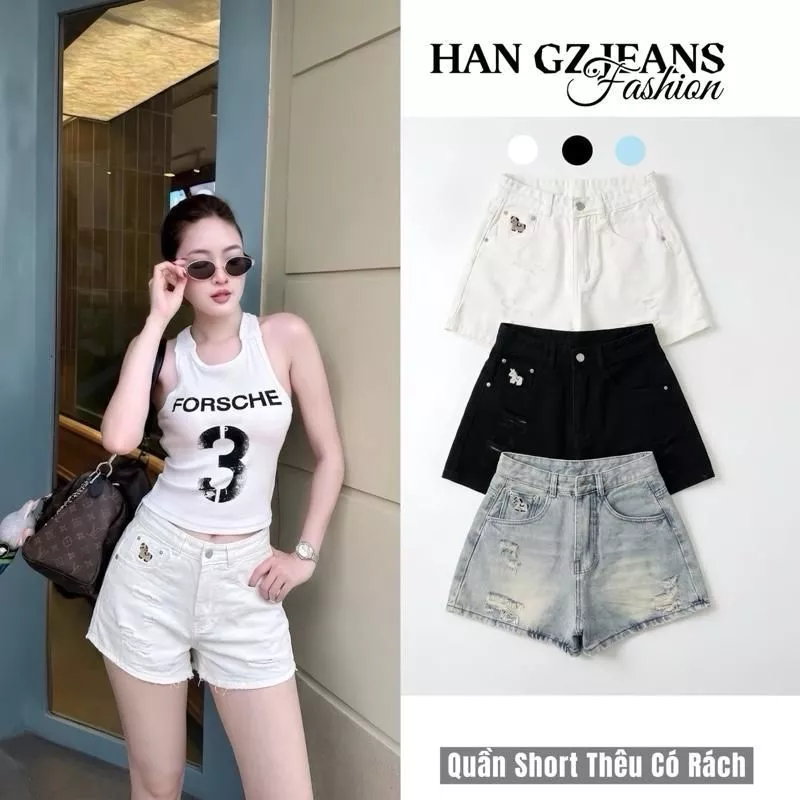 HAN.Gz JEANS - Quần Short Nữ Lưng Cao Dáng A Có Rách Túi Sau Phong Cách Form Rộng Thời Trang X295