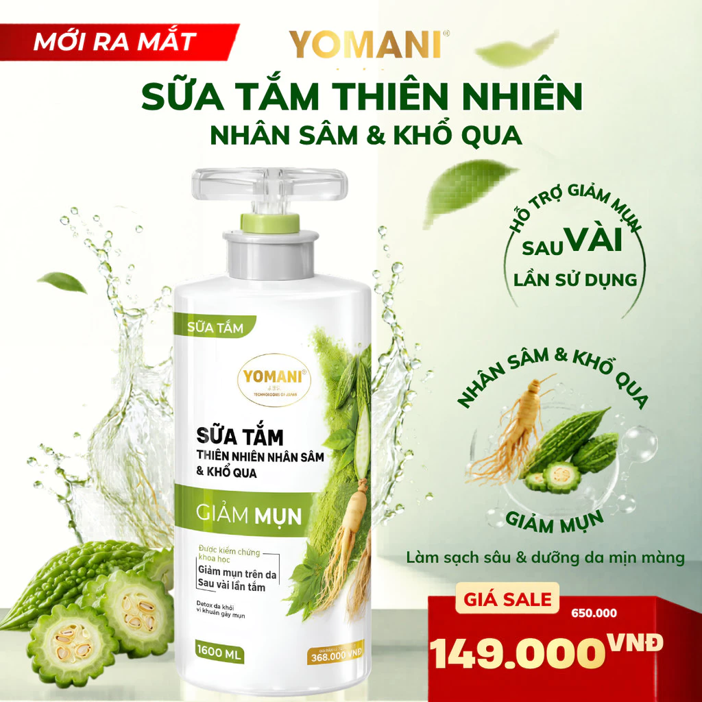 [MỚI RA MẮT] Sữa tắm hỗ trợ giảm mụn YOMANI 1600ml, chiết xuất khổ qua, nhân sâm,  làm sạch da, chăm sóc và bảo vệ da