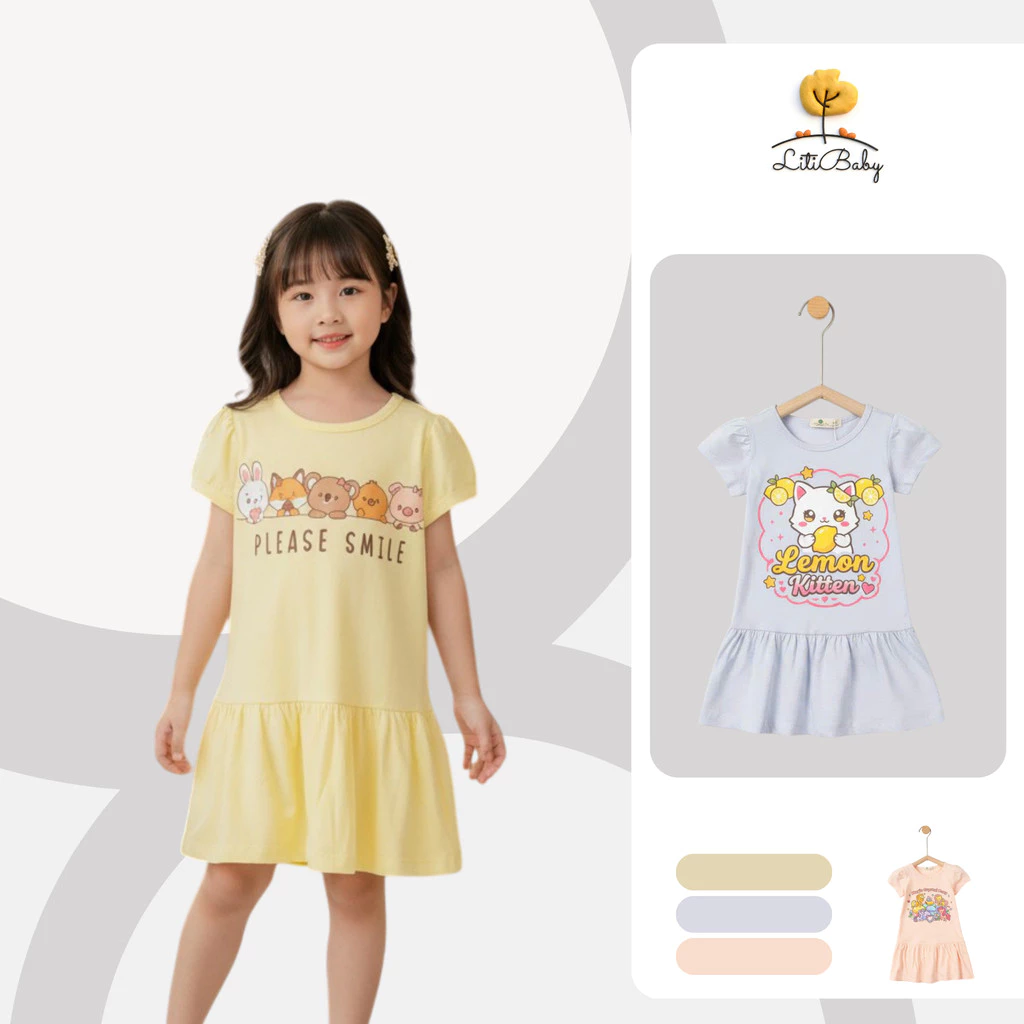 Váy Bé Gái Cotton mặc đi chơi, ở nhà, đi ngủ mùa hè mềm mịn, thoáng khí Dễ Thương LITIBABY 2/10 lô 6
