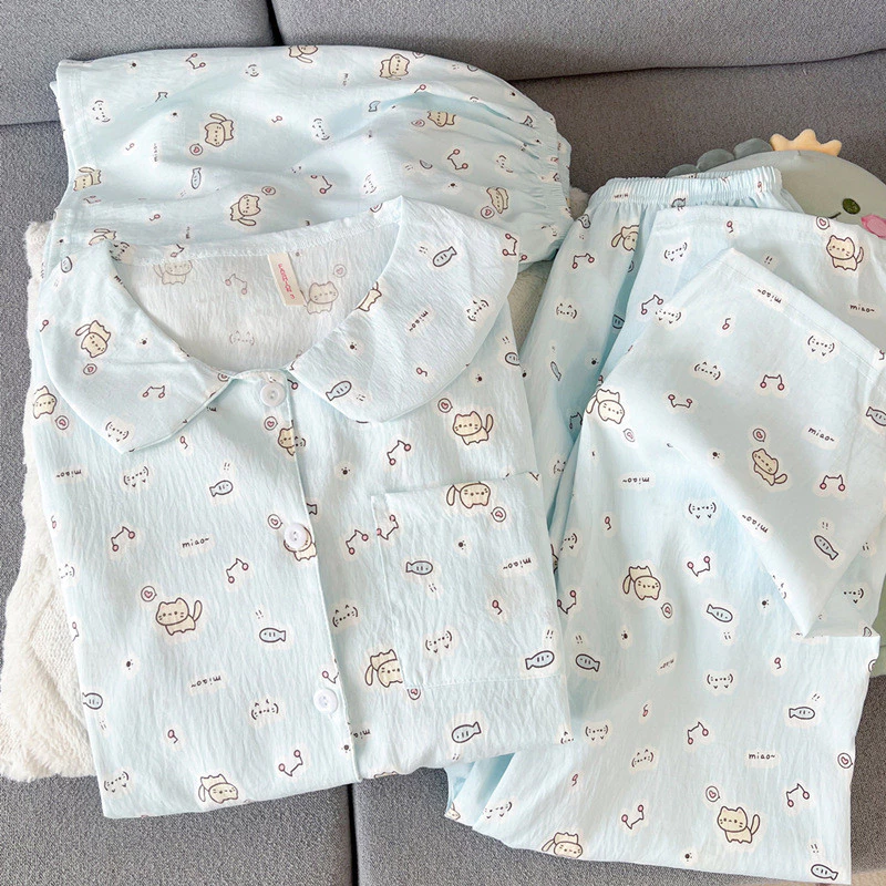 Bộ Ba Món Đồ Ngủ Nữ Hình Mèo Con Dễ Thương Mùa Hè Mới Vải Gạc Cotton Nguyên Chất Mặc Nhà Thoải Mái