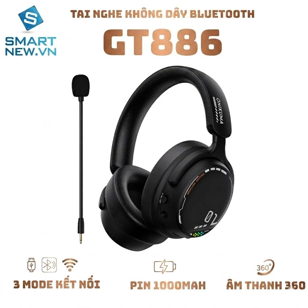 Tai nghe Gaming không dây Onikuma GT886 - 3 Mode - Pin 1000mah - Mic đàm thoại - Âm thanh 360 Turnn sẵn