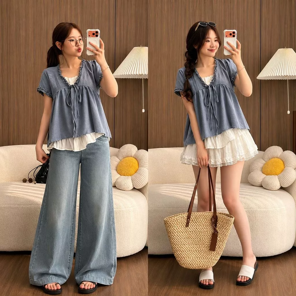 Áo babydoll dành cho nữ mặc mùa hè 2 lớp đũi hàn cổ V tay ngắn thắt nơ phối ren xinh xắn phong cách Vintage