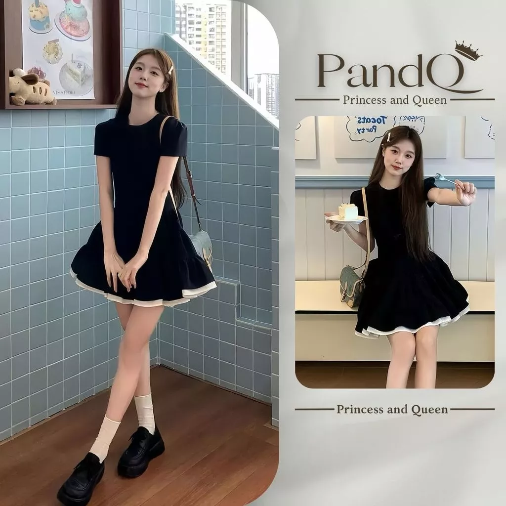 Váy xòe nữ P&Q màu đen phối lai trắng tay phồng cổ tròn dáng babydoll tiểu thư Hàn Quốc | vd0131