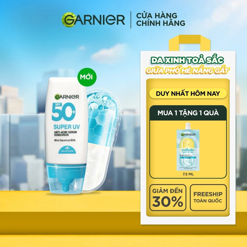 Kem Chống Nắng Garnier Phổ Rộng Kiềm Dầu Đến 12H & Hỗ Trợ Giảm Mụn Spf 50+PA++++ 30ML