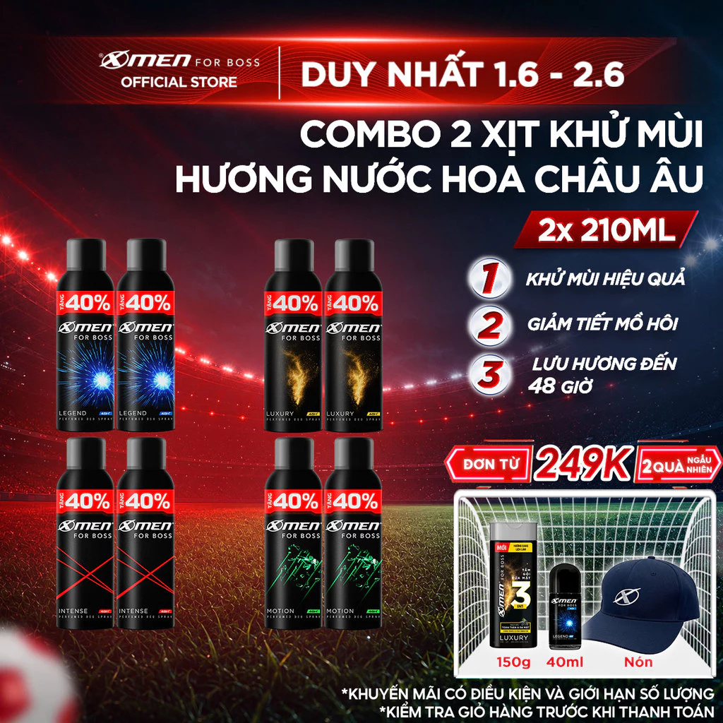 [Tặng thêm 40% dung tích] Combo 2 Xịt khử mùi X-Men For Boss 210ml/chai Khô Thoáng Lưu Hương 48H