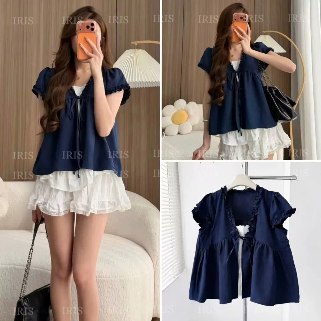 Áo Kiểu Babydoll Phối Thân Trắng Liền Thắt Nơ, Áo Cổ V Form Suông Bèo Trắng Phong Cách Vintage Hàn Quốc Cute