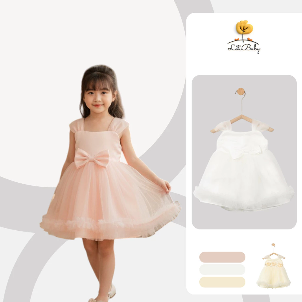 Váy Công Chúa Bé Gái Voan Lưới Đính Nơ LITIBABY cho bé từ 2-8 tuổi PH1322