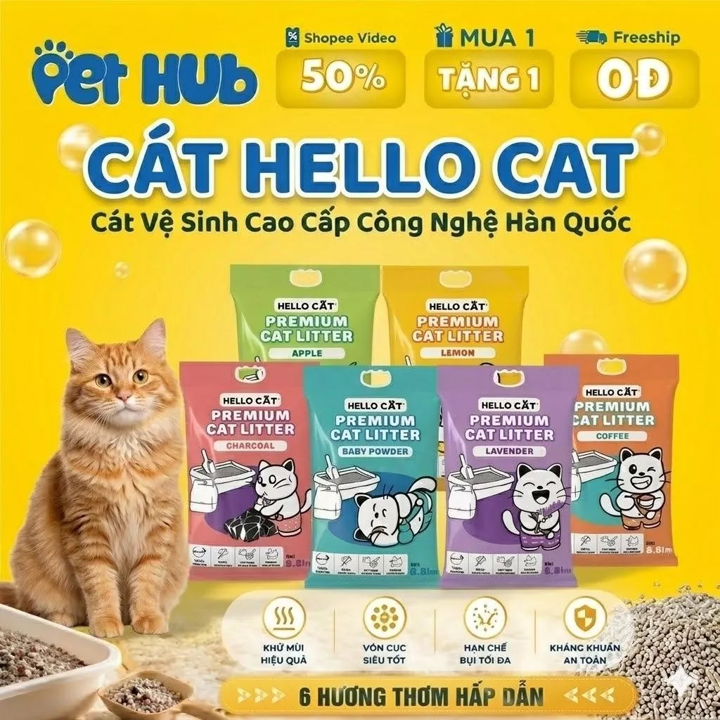 Cát Vệ Sinh Hello Cat Premium Litter, Cát Đất Sét Khử Mùi Tốt, Vón Cục Tối, Ít Bụi