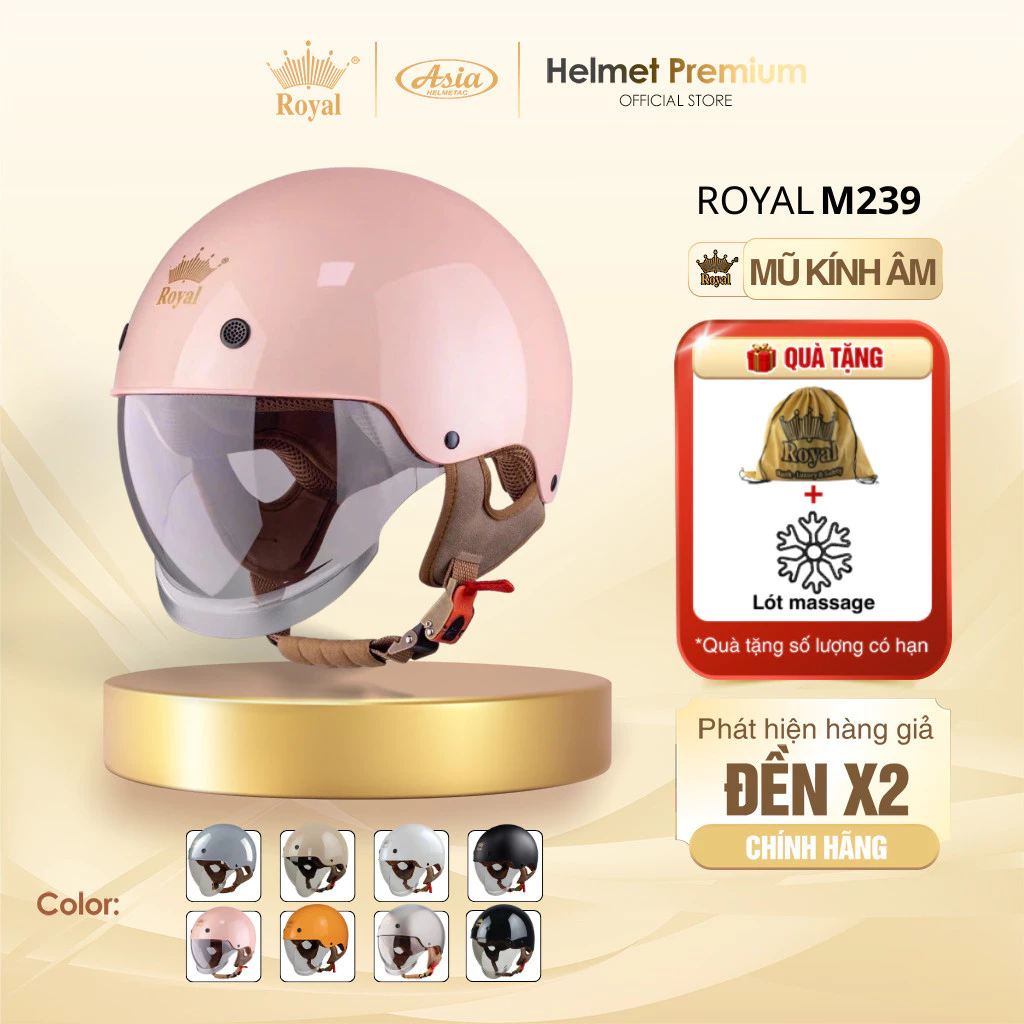 Mũ Bảo Hiểm Nửa đầu Kính Âm Royal M239, Nón Bảo Hiểm Chính Hãng Nam Nữ Kính Màu Trà, Chống Nắng