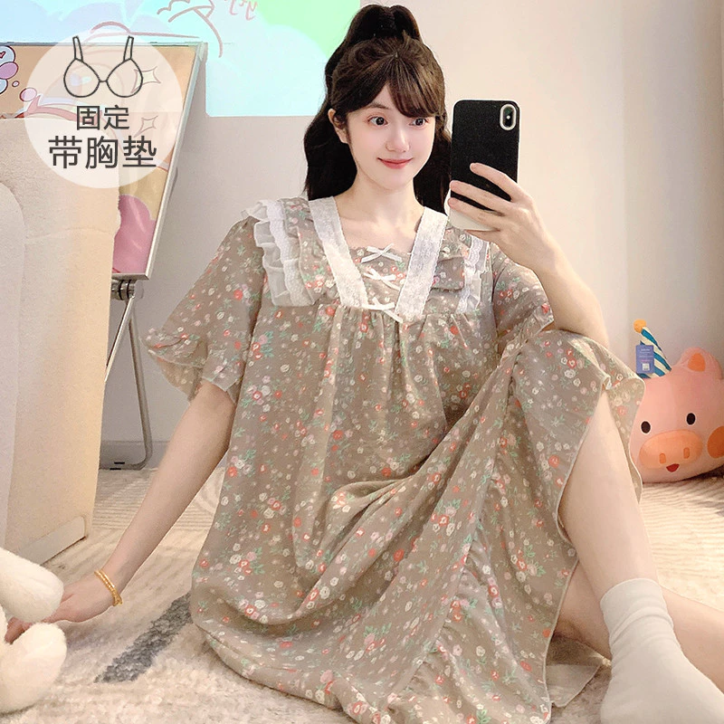 Váy ngủ nữ cỡ lớn đệm ngực, đồ ngủ liền thân tay ngắn mùa hè, mặc nhà rộng rãi M-5XL