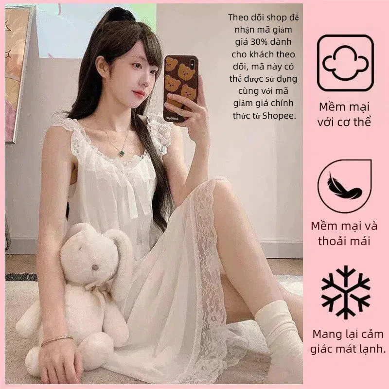 đồ ngủ 2 dây đồ ngủ lụa lạnh cao cấp, phong cách công chúa ngọt ngào | Đầm/Váy mặc nhà kiểu Hàn có ren và nơ