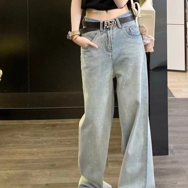 Quần jean nữ ống suông cạp cao đính full đá chất dày mịn washi xanh khói retro QC2688 Hottrend WJeans03