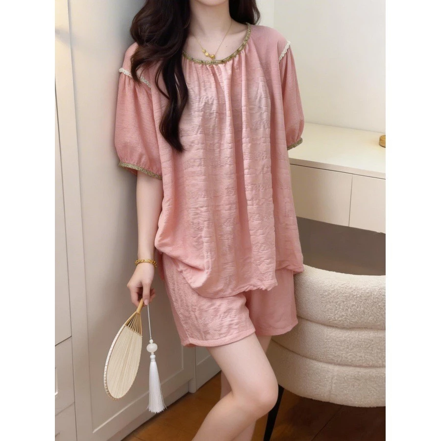 【Cotton nguyên chất】Bộ đồ ngủ mùa hè mỏng nhẹ màu hồng – Phong cách công chúa tay bồng dễ thương ✨ Dành cho học sinh / nữ sinh – Bộ mặc nhà ngọt ngào – Hàng hot