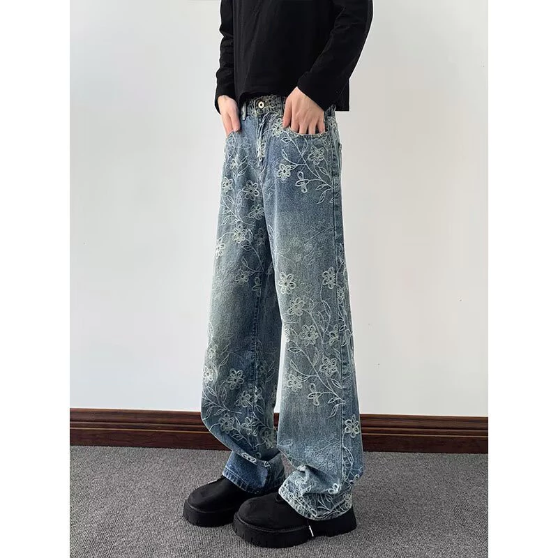 Quần Denim thêu đường phố cao cấp Mỹ dành cho nam, Quần jean ống thẳng dáng rộng vừa vặn thời trang