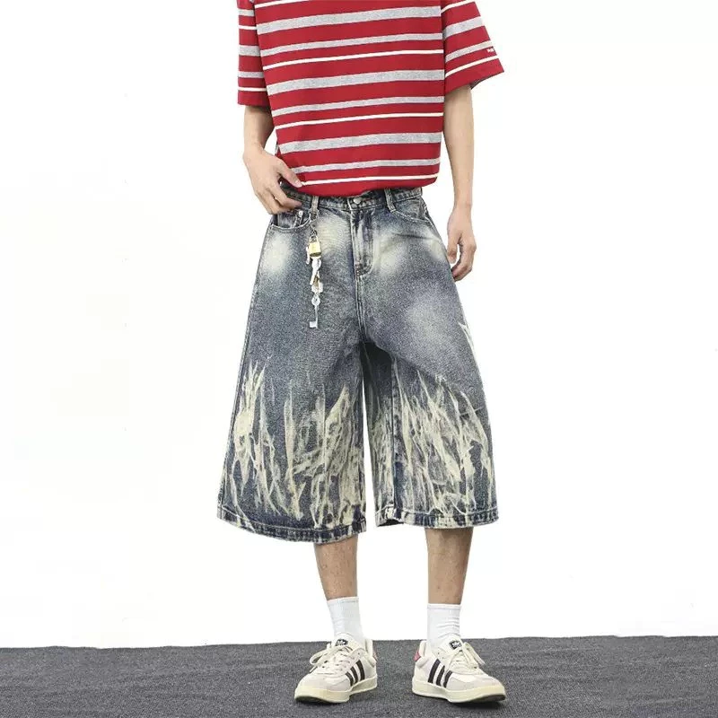 Quần Short Denim Nam Nữ Mỹ Retro Rửa Cà Vạt-Dye Họa Tiết Ngọn Lửa