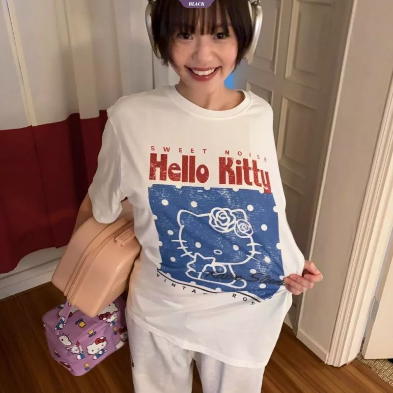 Áo thun nữ ngắn tay in hình Hello Kitty màu trắng, mùa hè 2026, phong cách cao cấp kiểu Mỹ, áo ngắn tay dáng rộng [BL]