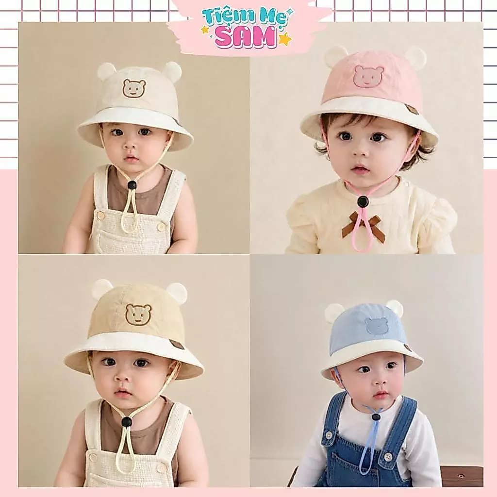 Mũ nón vành tròn họa tiết gấu dễ thương cho bé trai bé gái 8-18 tháng, mũ cho bé có kèm điều chỉnh (MUG59)