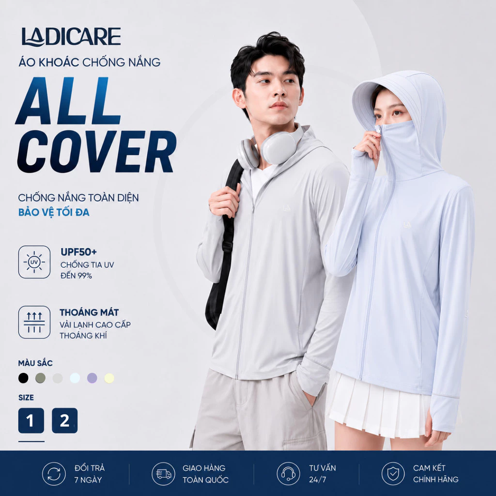 Áo Chống Nắng Nam Nữ All Cover LADICARE UPF50+, Vải Lạnh Cao Cấp Co Giãn 4 Chiều, Che Phủ Toàn Diện