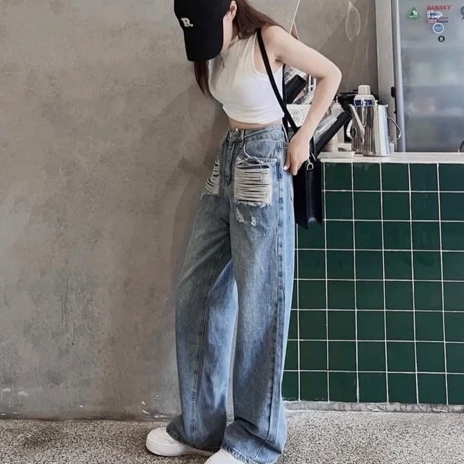 QUẦN JEANS ỐNG RỘNG NỮ LƯNG CAO RÁCH 2 MẢNG TÚI TO XANH ĐẬM LAI CUỐN CỰC HOT HIT SIÊU PHÁ CÁCH WJeans09