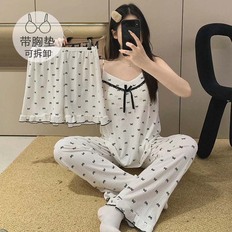 Bộ Đồ Ngủ Có Đệm Nữ 3 Trong 1 Bộ Đồ Ngủ Mùa Hè Spaghetti Dây Đeo Không Tay Đồ Ngủ Người Phụ Nữ Nữ Cotton Rời Mặc Ở Nhà