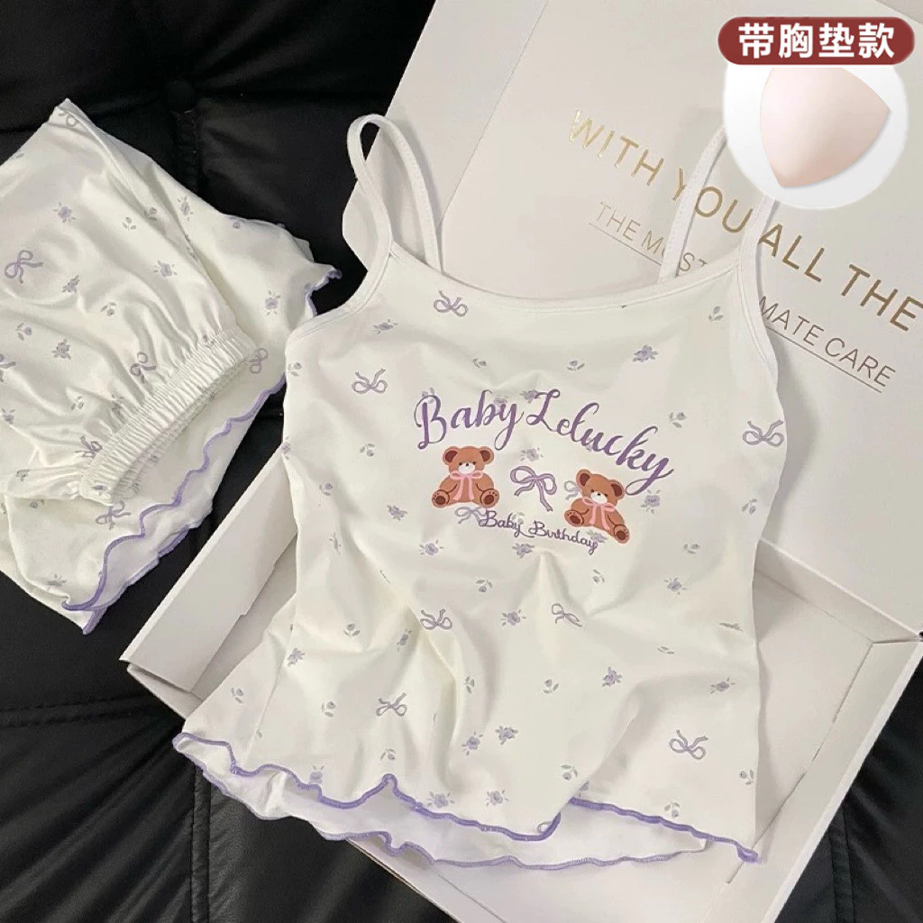 Bộ Đồ Ngủ Nữ Có Đệm Kiểu Mới Dây Nơ Hình Gấu Phong Cách Thuần Khiết Gợi Cảm Mùa Hè