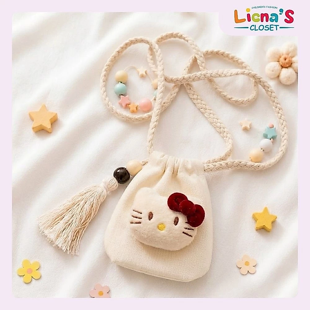 Túi Tỏi Đeo Cổ Hình Hello Kitty Phong Cách Hàn Quốc Vải Nỉ 2 Da Kèm Tua Rua Cho Bé Liena's Closet
