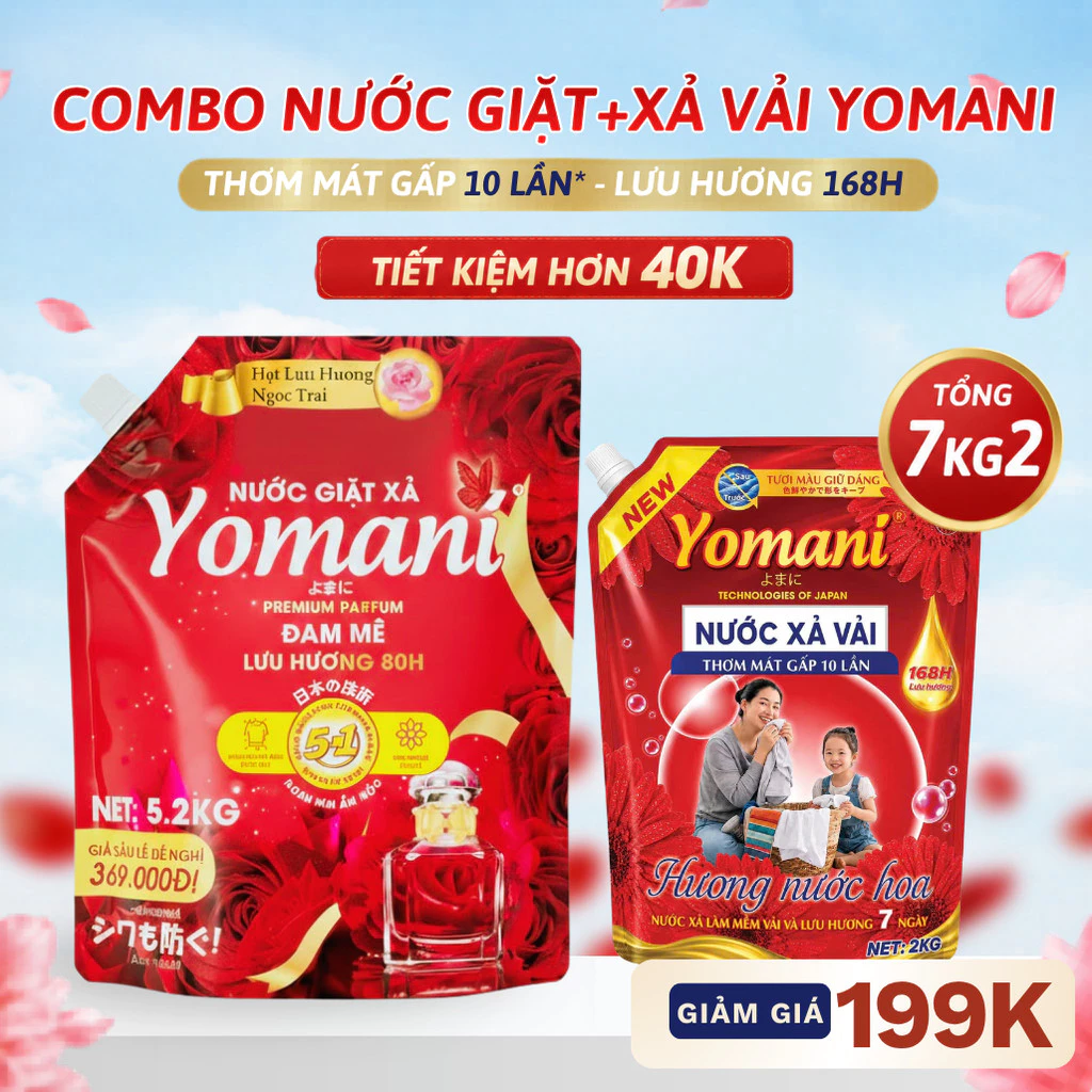 [MUA 1 TẶNG 1] Nước Giặt YOMANI 5.2KG Lưu Hương 80H, Giặt Sạch Sâu - Tặng Nước Xả Vải 2KG Mềm Vải