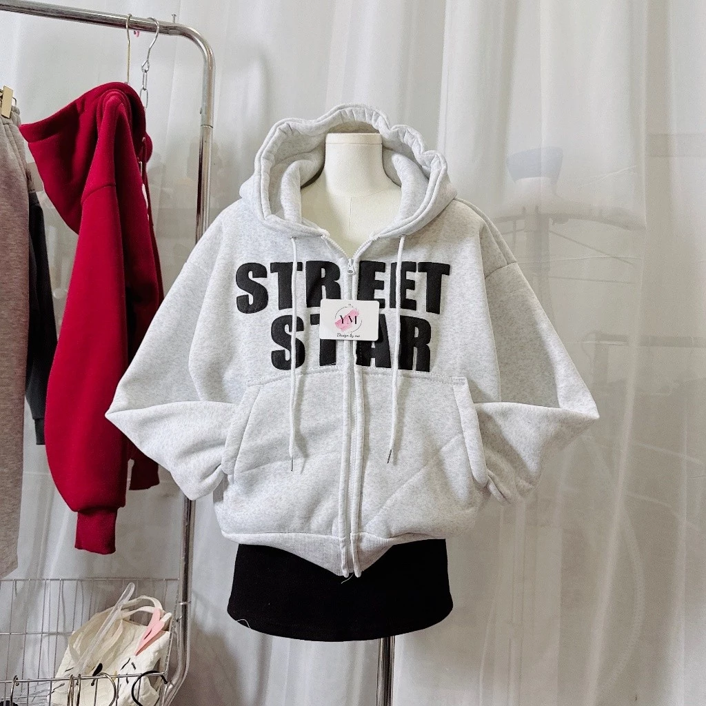 Áo Hoodie Nỉ Nữ In Nổi STREET STAR Form Rộng Có Nón – Áo Khoác Zip Dày Dặn Cá Tính XSTT