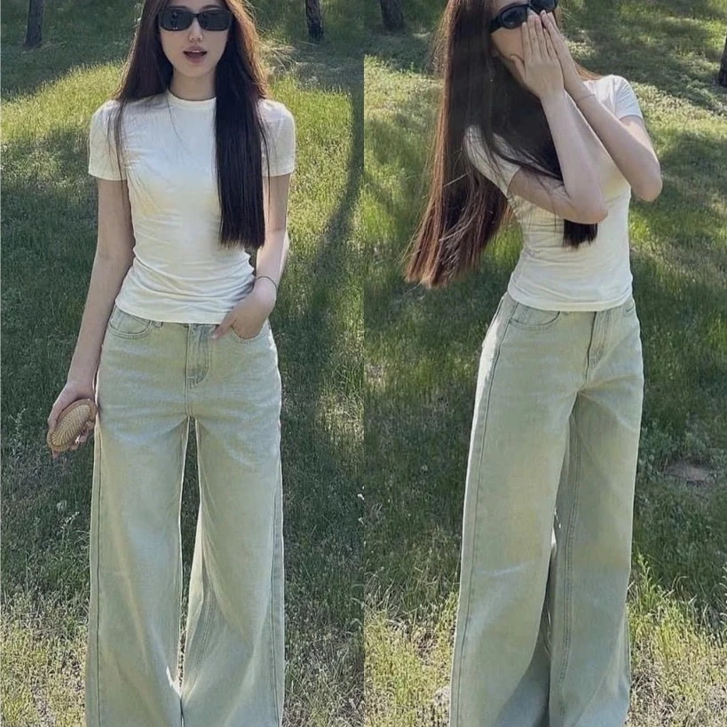Quần jean bò ống suông rộng nữ xuông jeans cạp cao phong cách style Hàn Quốc WJeans062