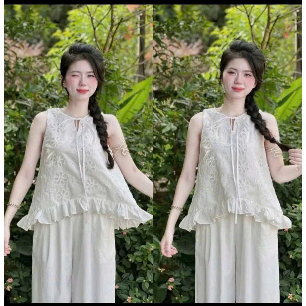 Set Bộ Nữ Thiết Kế Áo Thô Phối HOA Thêu Cột Nơ FREESIZE DƯỚI 55KG PHÙ HỢP THỜI TRANG LANO STORE