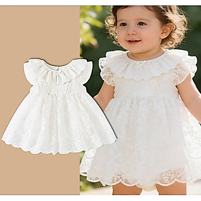 Mùa hè trẻ sơ sinh cô gái áo ngắn tay áo ngắn tinh tế và thanh lịch bông trắng ren váy 0-24 M